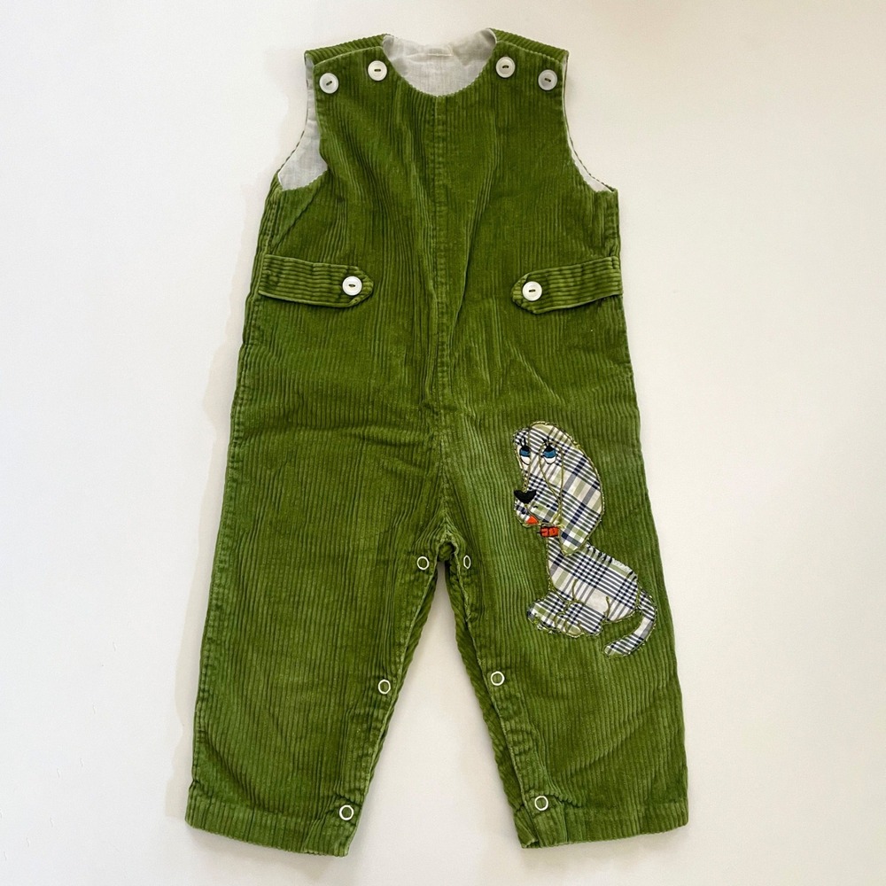 Vintage 60s Handmade Kids Green Corduroy Overalls Plaid Puppy Dog Romper MCM